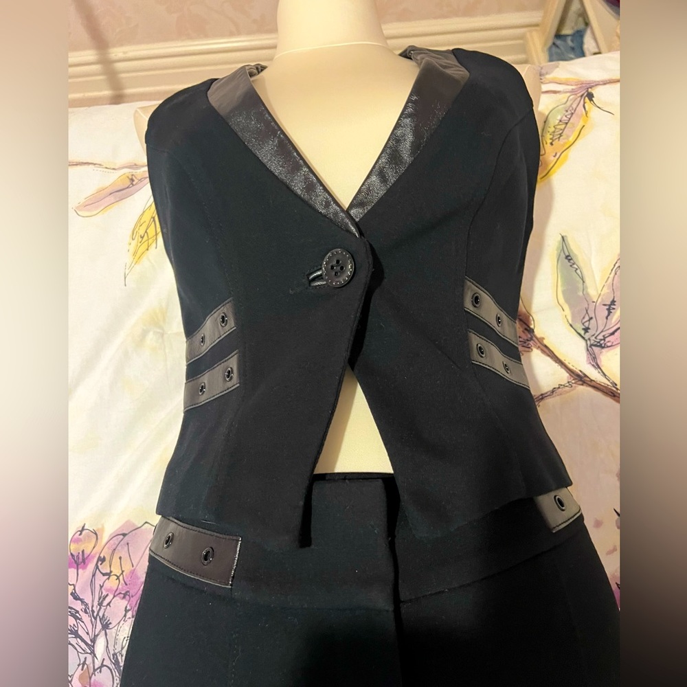 Bebe 2 piece, black pant (size 0) & vest (size small) w/ Faux leather piping